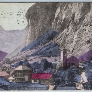 c1900s Lauterbrunnen, Switzerland Staubbach Falls Waterfall Hand Colored PC A196