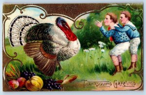 Thanksgiving Postcard Greetings Boys Caching The Turkey Gel Gold Gilt 1911