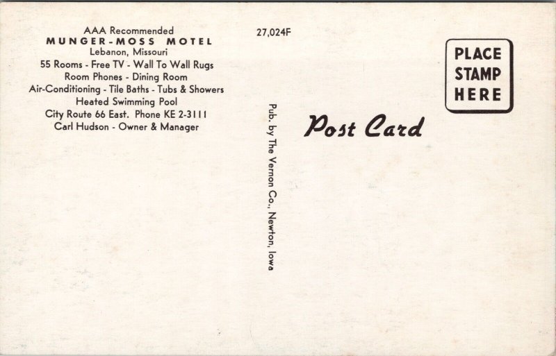 Munger-Moss Motel Lebanon Missouri Postcard PC455