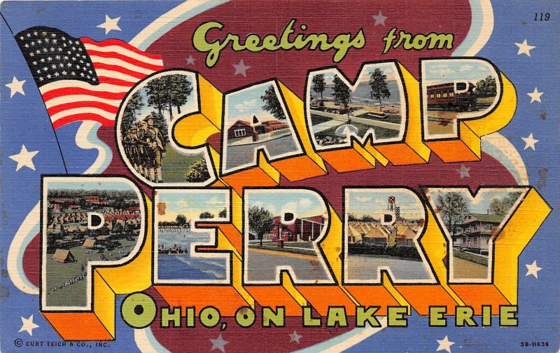 G45/ Camp Perry Ohio Large Letter Linen Greeting Postcard Lake Erie