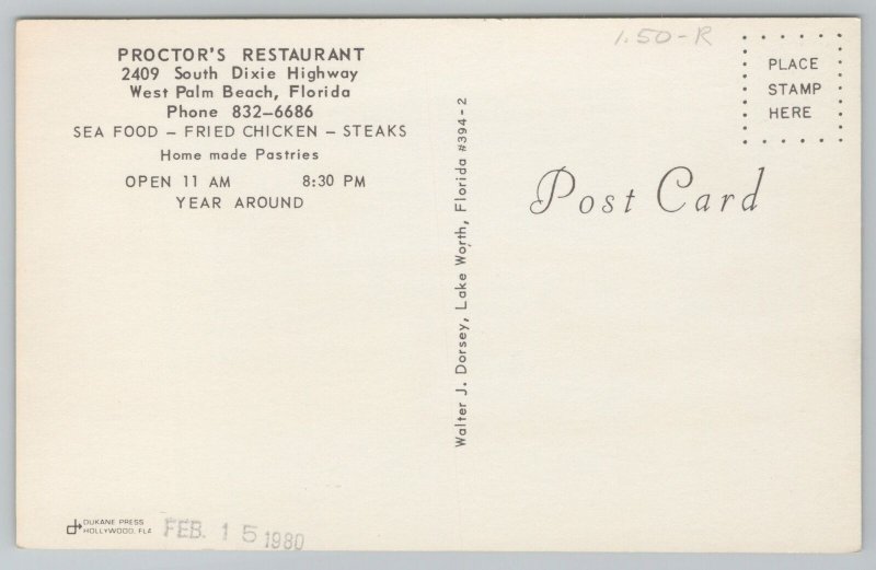 Restaurant~Proctors Restaurant West Palm Beach~Vintage Postcard 