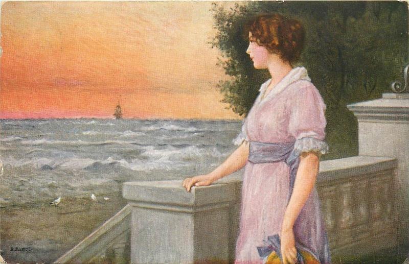 B. Dietze - Woman Seascape Lost Dream Traumverloren vintage art postcard 1917