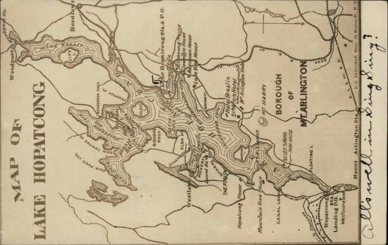 Lake Hopatcong New Jersey NJ MAP Used 1906 Real Photo Postcard 