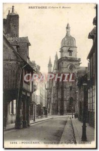 Old Postcard Brittany Fougeres Grand Street and Church of St Leonard