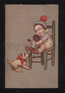 3060446 Girl w/ DOLL & Terrier by COLOMBO vintage RPPC