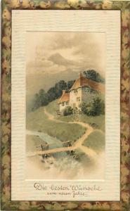 Vintage New Year Luck greetings Landschaft house landscape embossed postcard