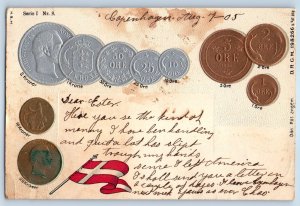 Copenhagen Denmark Postcard Currency 10 2 5 25 Coins Kroner 1905 Posted