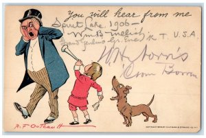 1905 Little Boy Blowing Horn Dog Outcault Signed Saratoga Springs NY Postcard