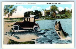 PORT SEVERN, Ontario Canada ~ Exaggeration FISHING Early Car c1920s Postcard