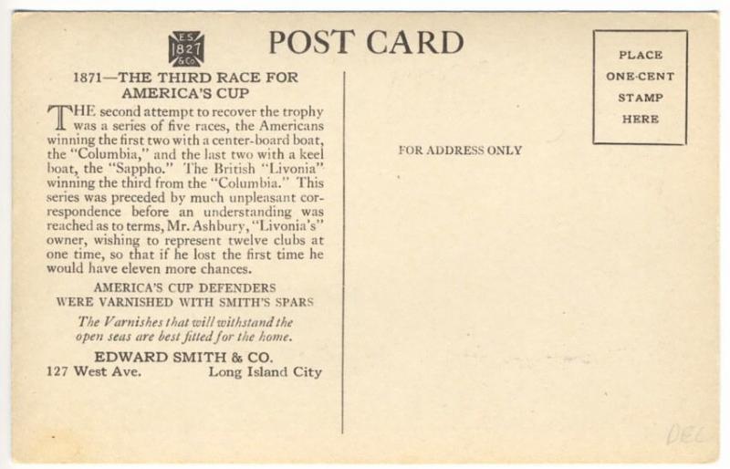 Third Race For America's Cup Defenders Varnished w/Smiths Spars Postcard