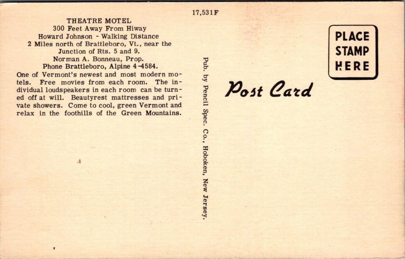 Postcard Theatre Motel Brattleboro VT