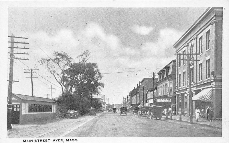 Ayer Massachusetts~Main Street~Ice Cream Shop~Storefronts~People~c1915 Postcard