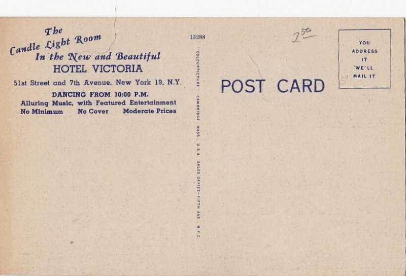 Postcard The Candle Light Room Hotel Victoria New York NY