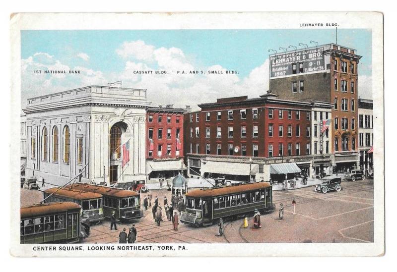 York PA Center Square Looking Northeast Trolleys Postcard