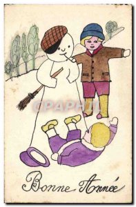 Old Postcard Fantasy Snowman Kids Happy New Year