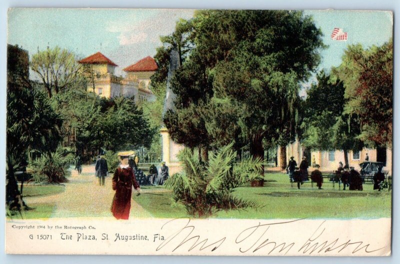 St Augustine Florida FL Postcard The Plaza Bench Trees Crowd 1905 Vintage Posted