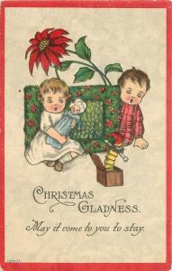 Christmas Gladness, Boy and Girl with Doll and Toy, Poinsettia