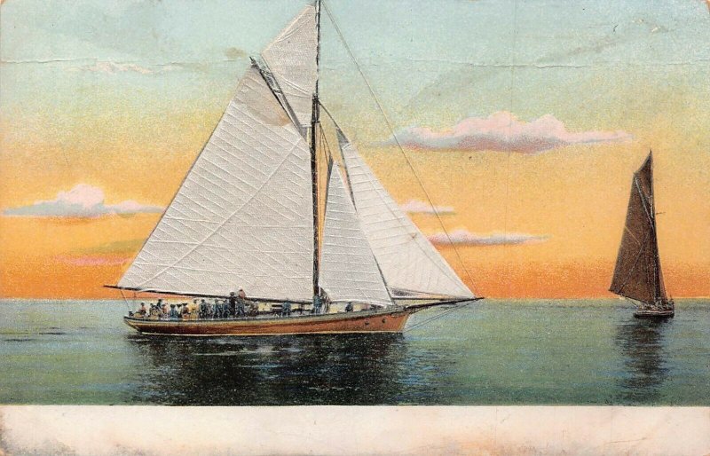 PEOPLE ON SAILBOAT WITH SILK SAILS~1900s POSTCARD
