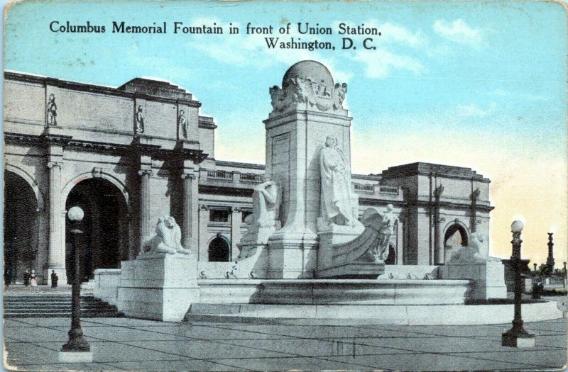 1914 Washington DC Columbus Memorial Fountain Monument Statue Postcard EJ