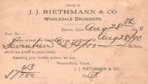 Vintage Postcard 1890 J.J. Riethmann & Co. Wholesale Druggists Denver Colorado