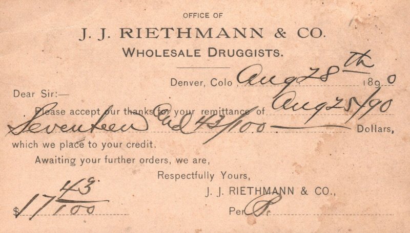 Vintage Postcard 1890 J.J. Riethmann & Co. Wholesale Druggists Denver Colorado