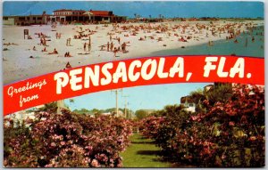 Greetings From Pensacola Florida FL Bathing & Beach Flower Parkway Postcard
