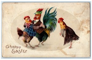 c1910's Easter Anthropomorphic Rosster Chicken Dancing Embossed Antique Postcard
