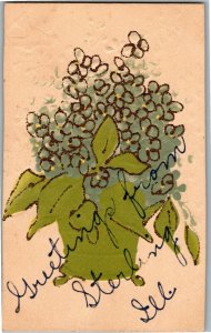 Greetings from Sterling IL Embossed Floral Glitter Vintage Postcard C44