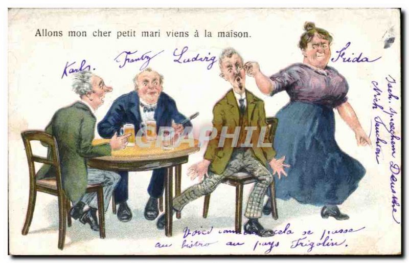 Old Postcard Come my dear hubby has come home Humor