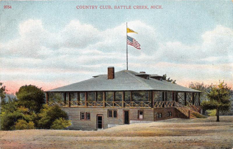 BATTLE CREEK MICHIGAN COUNTRY CLUB WITH FLAGS POSTCARD c1910s