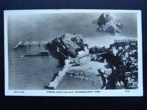 Wales Pembrokeshire TENBY Aerial Image HARBOUR & CASTLE HILL c1930s RP Postcard