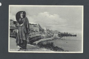 Real Picture Post Card Ca 1915 Malta Woman W/Cape Harbor View Used Not Posted