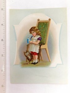 Lovely Adorable Young Girl Drinking w/ Cat, Chair, Cute Victorian Card F46