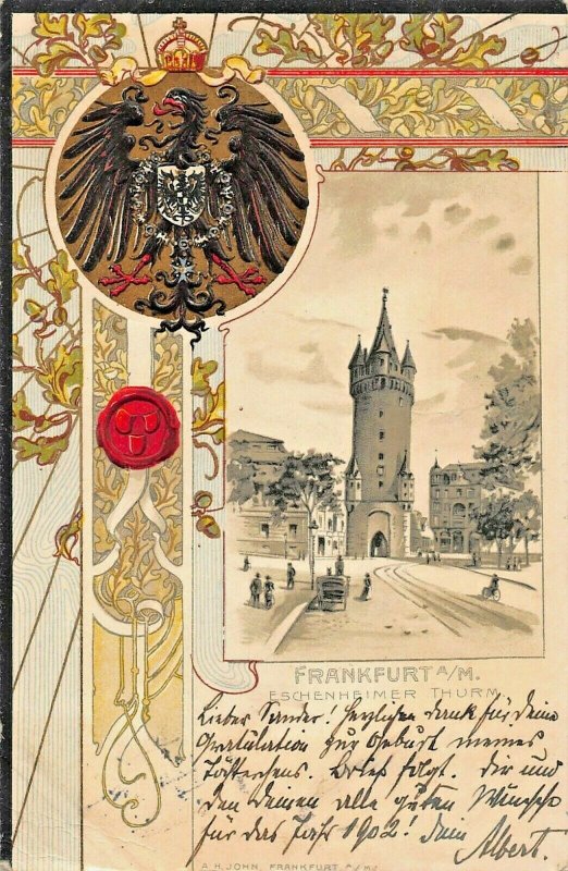 FRANKFURT GERMANY~ESCHENHEIMER THURM~1901 EMBOSSED GERMAN HERALDRY POSTCARD