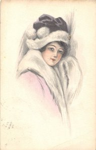 Beautiful Lady Fur Coat Large Hat 1911 postcard