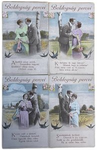 Set 4 antique postcards romantic lovers couple happy moments love greetings 