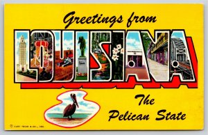 Louisiana~Pelican & Letter Views~Large Letter Vintage Linen Postcard