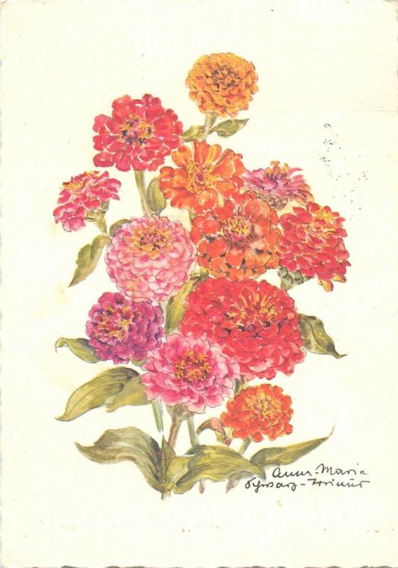 Postcard flowers fleurs Blumen flowers fantasy artist signed