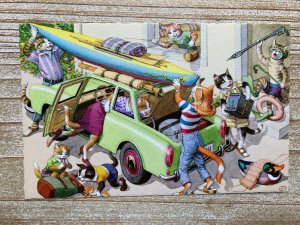 Mainzer Cats, Loading the Car For Vacation, 4977, Hartung, Unused, Postcard