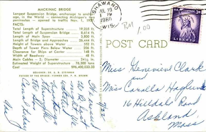 Mackinac Bridge Suspension Michigan MI VTG Postcard PM Shawano WI Cancel WOB 