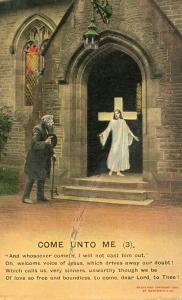 Jesus at Doorway of Church. Come Unto Me