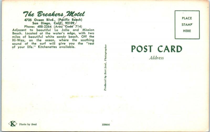 SAN DIEGO, CA  California    The BREAKERS MOTEL   c1960s  Roadside  Postcard