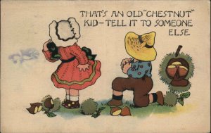 Sunbonnet Girl with Farmer Chestnut Wordplay Pun c1910 Vintage Postcard