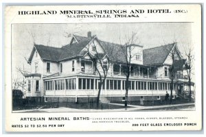 1910 Highland Mineral Springs Hotel Martinsville Indiana Posted Vintage Postcard