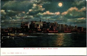 River Front by Night Moon moonlight New York Postcard undivided back boats