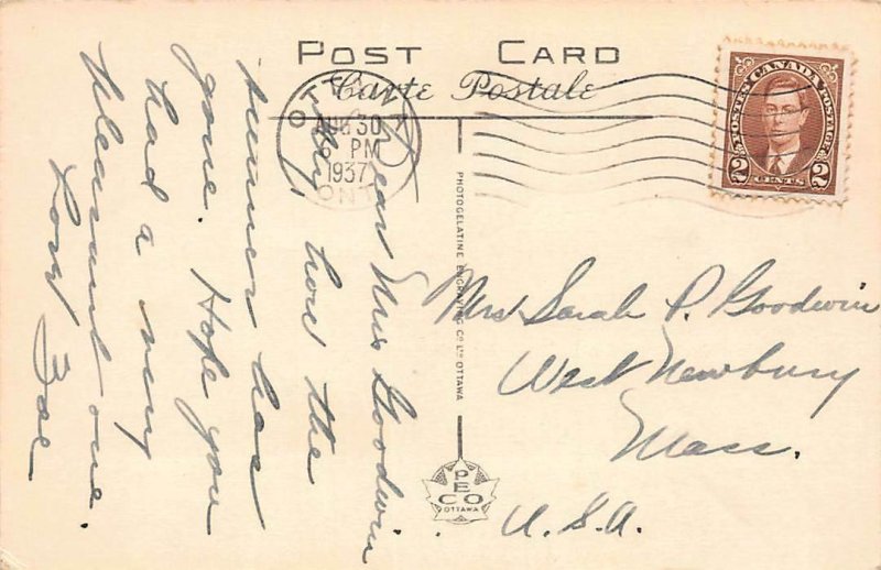 Postcard of Parliament Buildings on Ottawa River in Canada - 1937 postmark to US 