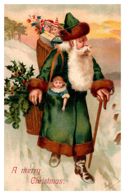 Santa Claus Green Robe Walking with cane , toy bag