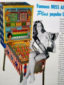 Miss America Pinball FLYER Original 1975 Bingo Game Art Pretty Lady Seated Bally