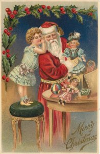 Postcard Little Girl Whispers in Santa Claus Ear Dolls Toys Christmas Embossed