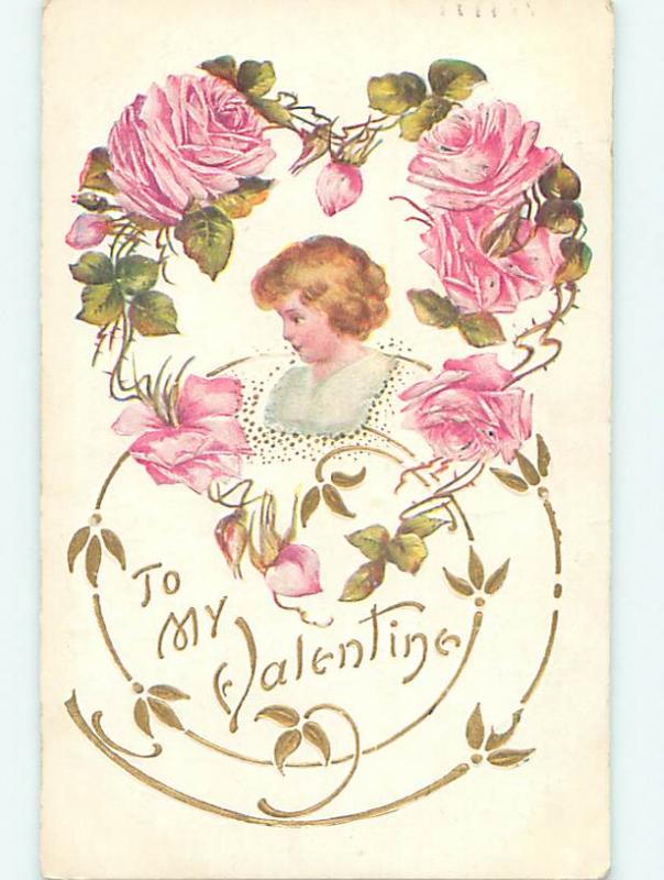 Divided-Back valentine CUTE GIRL WITH PINK ROSE FLOWERS o5197